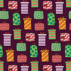 Festive pattern of colorful gift boxes with ribbons on pink background. Element of festive decoration and wrapping paper for new year or birthday. Vector.