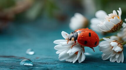 Macro Shot Of A Red Ladybug With Black Spots Crawling On A White Daisy Flower With Water Droplets On A Blue Textured Background In Soft Natural Light