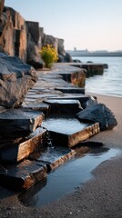 Macro shot of wet dark gray stones glistening with water droplets reflecting warm sunlight on a sandy beach with a calm sea and distant city skyline under a clear blue sky