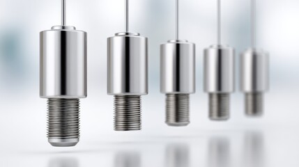 Macro Studio Photo of Industrial Connectors Aligned in a Row Featuring Metal Cylinders with Threaded Components and Blurred Background Lighting
