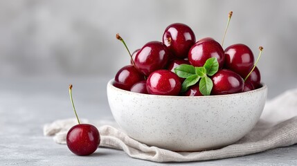Macro Studio Photo Of Fresh Vibrant Red Cherries In A Speckled White Bowl With Mint Leaves On A Textured Gray Background With A Single Cherry In The Foreground