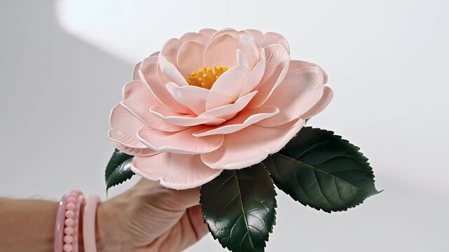 Close-up of a delicate pink rose being gently held by a hand adorned with pink bracelets in soft light