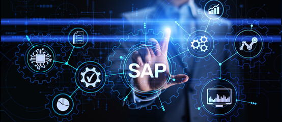 SAP - Business process automation software. ERP enterprise resources planning system concept on...