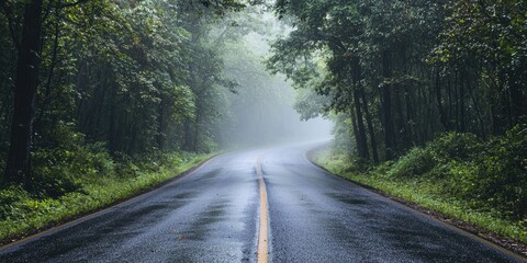A winding, wet road through a dense forest, with a yellow line marking the center, surrounded by lush green trees and a misty atmosphere.
