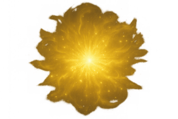 Golden glowing energy burst creating a dynamic light effect and shining starburst on a transparent background