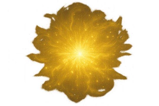 Golden glowing energy burst creating a dynamic light effect and shining starburst on a transparent background