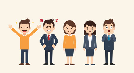 Flat vector illustration of people showing various emotions such as joy, anger, sadness, surprise