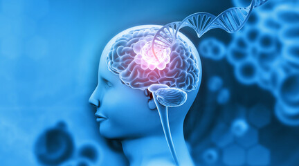 Human brain cancer concept with dna. 3d illustration