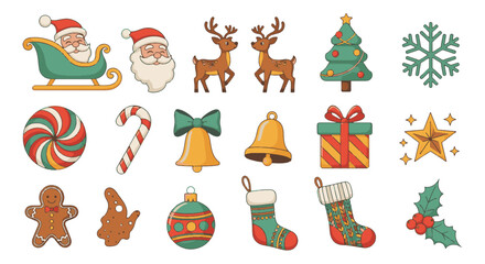 Christmas Icons and Ornaments Set - Santa, Reindeer, Tree, Gifts, Snowflakes, Holly, Gingerbread, Candy Cane, Stockings, Bell