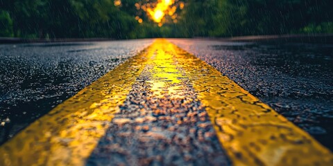 A wet road with a yellow line in the middle, reflecting sunlight and raindrops, with a blurred background of trees and a setting sun.