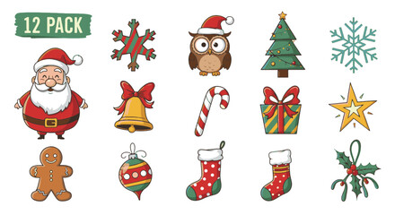 Christmas Vector Icons Set Featuring Santa Claus, Christmas Tree, Gift Box, and Festive Ornaments