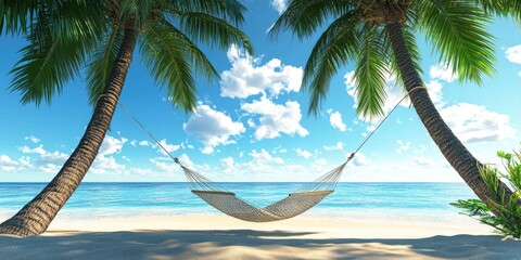 A hammock hanging between two palm trees on a tropical beach with a clear blue sky and ocean in the background.