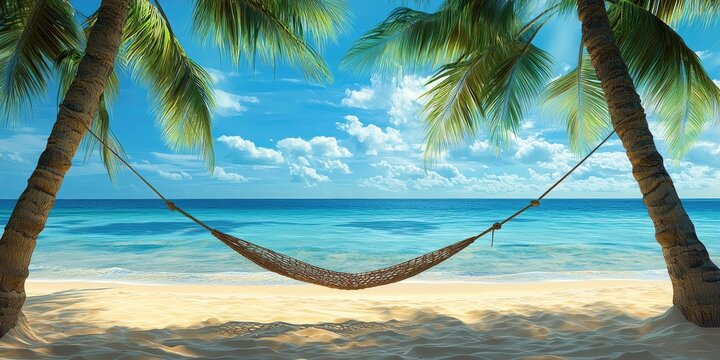 A hammock hanging between two palm trees on a sandy beach with the ocean in the background.