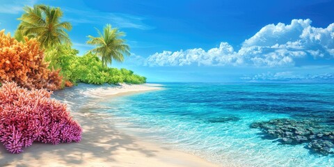 A vibrant tropical beach scene with turquoise water, colorful coral, and lush greenery under a clear blue sky with fluffy white clouds.