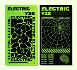 Vertical Y2K banner set with neon core grid and techno patterns in isometric cartoon style
