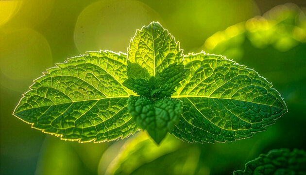 AI-generated image of Close up of vibrant green mint leaves illuminated from behind, showcasing detailed veins and serrated edges. 