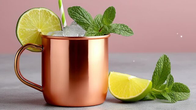 Copper mug filled with ice, fresh mint leaves, and lime slices, showcasing a refreshing drink preparation process, camera zooms in on vibrant ingredients and beverage details