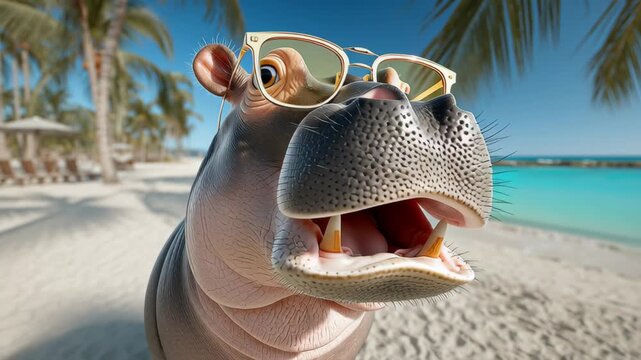 Playful hippo wearing sunglasses is enjoying a sunny beach day, with palm trees swaying in the background, as the camera smoothly zooms in to capture the joyful expression and vibrant atmosphere