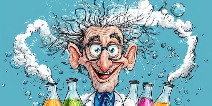 A mad scientist with a beard and glasses, surrounded by beakers and flasks, creating a cloud of steam and smoke.