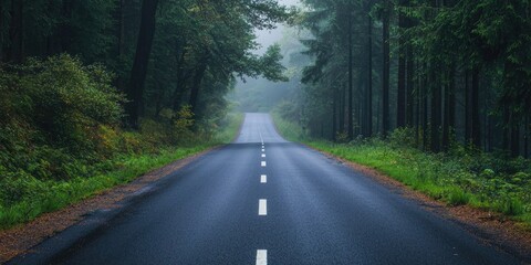 Fototapeta premium A misty, forested road with a clear horizon, leading into the distance, with a single car visible on the right side of the road.