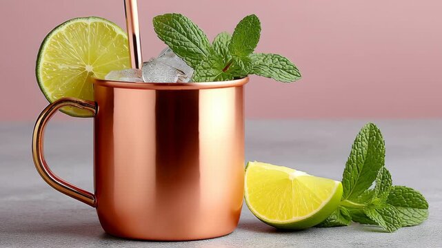 Copper mug filled with ice, fresh mint leaves, and lime slices, as liquid is poured in, showcasing a refreshing drink preparation process with a smooth camera zoom in for detail
