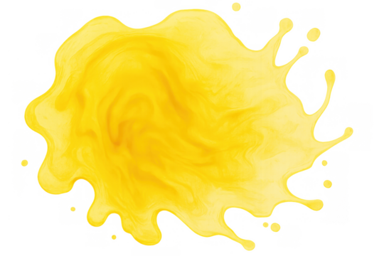 Yellow liquid splash creating an abstract fluid shape with drips and drops on a transparent background