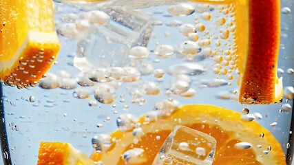 Close-up of vibrant orange citrus slices suspended in sparkling water with ice cubes, a refreshing composition - Powered by Adobe