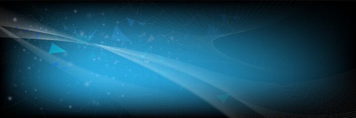 Futuristic blue abstract technology background with digital wave lines, polygon shapes, and light effects representing data flow, innovation, and modern communication.