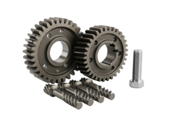 Meticulously arranged aged metallic spur, helical gears, and pinions with a polished chrome bolt, isolated on a transparent background in a macro studio shot, concept of industrial precision and