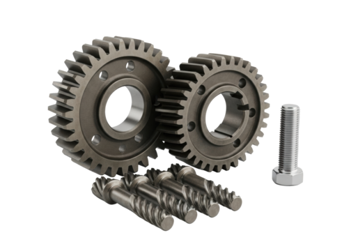 Meticulously arranged aged metallic spur, helical gears, and pinions with a polished chrome bolt, isolated on a transparent background in a macro studio shot, concept of industrial precision and