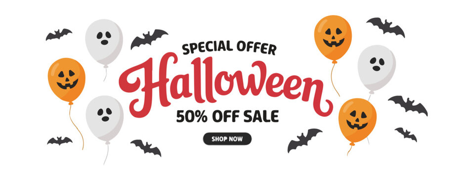 Halloween special offer 50% off sale banner vector with spooky pumpkin and ghost balloons on dark background - Powered by Adobe
