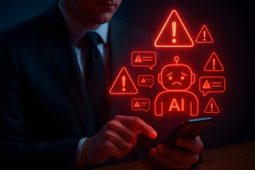 Artificial intelligence danger warning with red alert icons on phone