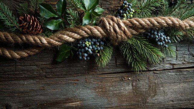 Macro composition of natural garland made from pine, berries, and twine on reclaimed wood wall, rustic eco Christmas design, off grid christmas cabin
