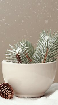 [gemma error] serene winter scene with white bowl as central subject. bowl contains pine branches that are lightly dusted with snow, suggesting recent
