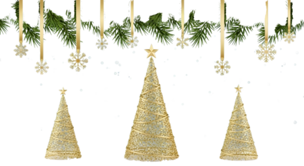 A golden Christmas tree decorated with ornaments and a shining star in a snowy winter holiday scene