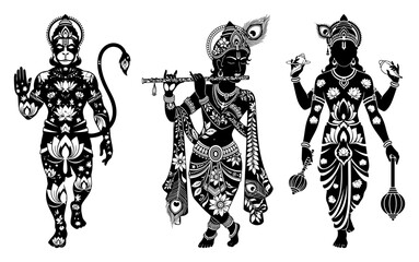 Fototapeta premium Ornate Hindu Gods Set Hanuman Krishna Vishnu Black and white vector illustration with floral patterns