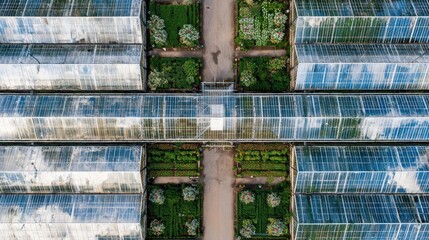 Symmetrical Greenhouse Gardens with Pathways from Above