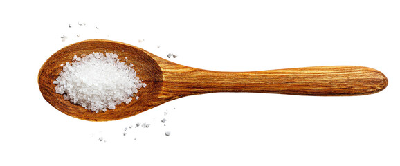 A wooden spoon filled with white granular salt, isolated on black