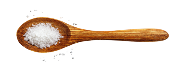 A wooden spoon filled with white granular salt, isolated on black