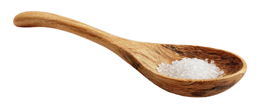 A wooden spoon holds a pile of coarse salt against a black background