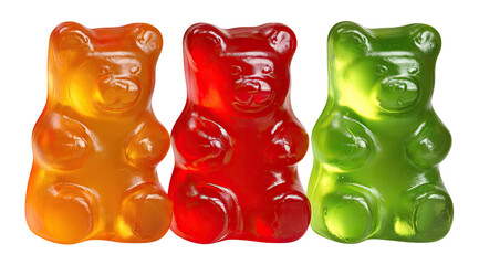 Three colorful gummy bears, translucent and glistening, arranged closely