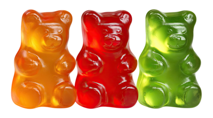 Three colorful gummy bears, translucent and glistening, arranged closely