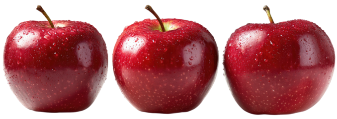 Three glistening red apples with water droplets on a black background