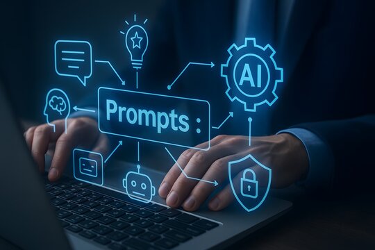 Creative ai prompting workflow icons floating above professional laptop