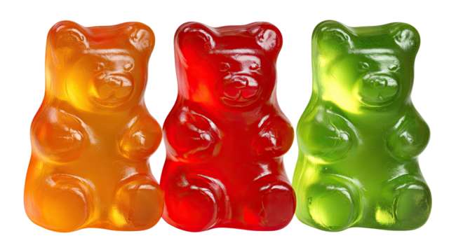 Three colorful gummy bears, translucent and glistening, arranged closely