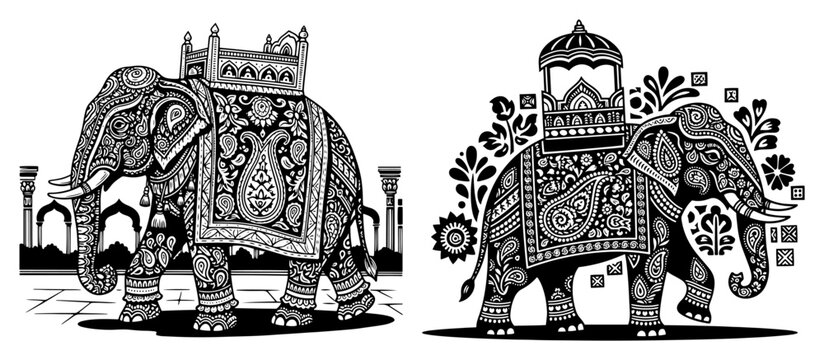 Ornate Indian Elephant Silhouette Vector Set with Paisley Henna Details and Royal Howdah