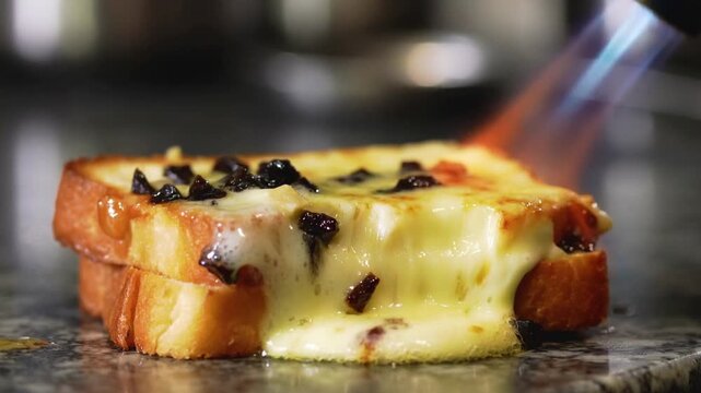 Macro blowtorch caramelizing black garlic gouda toastie, golden crust bubbling with molten cheese pull, rich smoky aroma rising in perfect harmony of artisan comfort food delight.