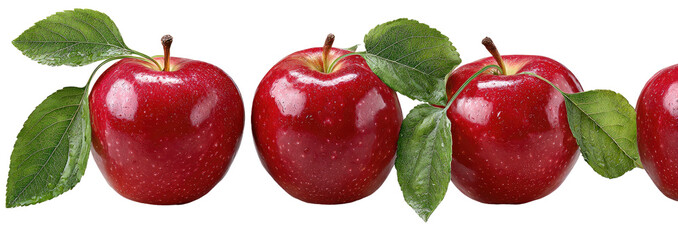 Row of ripe red apples with green leaves, isolated on black
