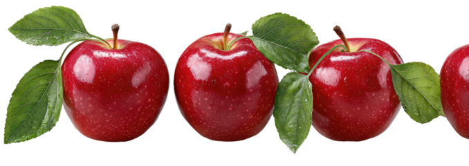 Row of ripe red apples with green leaves, isolated on black