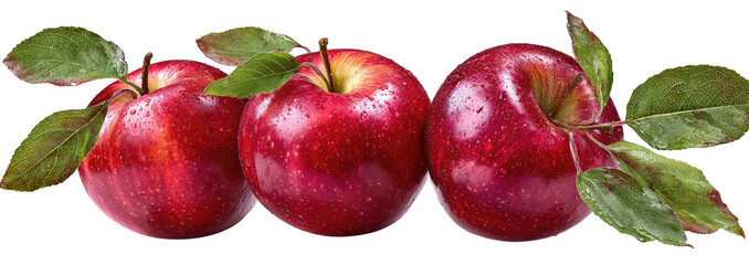 Three bright red apples with green leaves on a black background